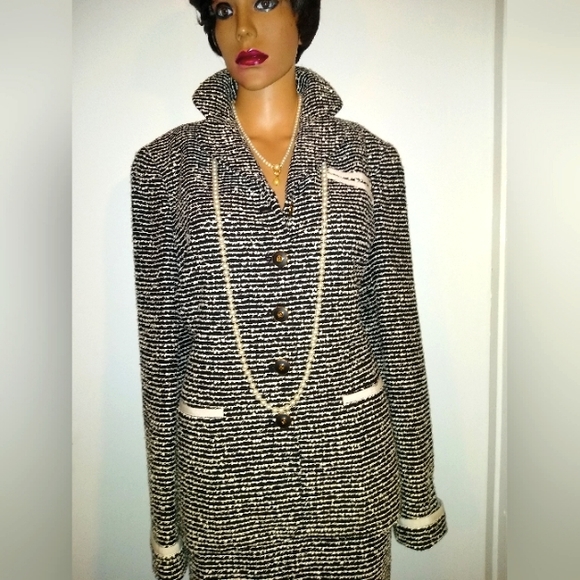 CARLISLE 8/10 BOUCLE EYELASH BLACK WHITE WOOL BLEND GROSGRAIN TAILOR SKIRT SUIT - Picture 2 of 12